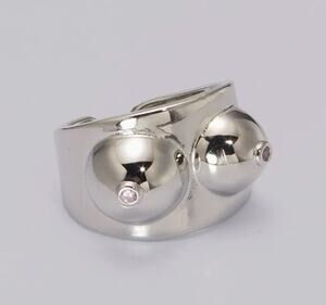 Silver Boobs Ring Novelty Breast Cancer Awareness. Or Breastfeeding Adjustable
